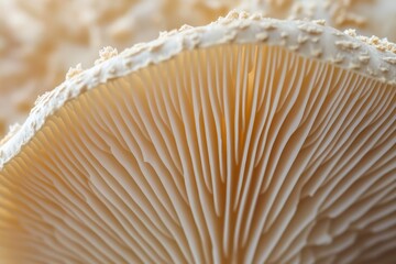 An up-close image of a mushroom focusing on its gills, capturing the delicate lines and intricate texture with a warm, natural hue illuminating the organic details.