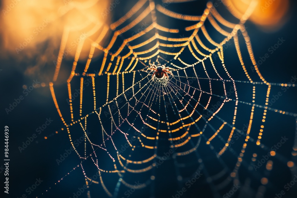Poster An intricate spider web adorned with shimmering dew drops, captured in the soft twilight glow, highlighting the delicate and complex craftsmanship of nature's web weavers.