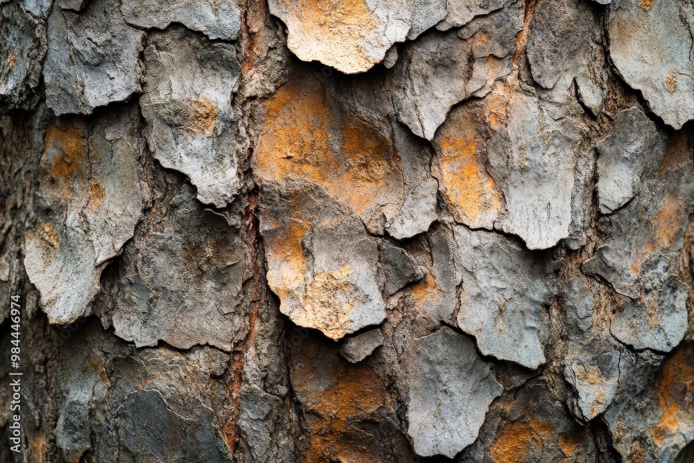Poster A highly detailed macro image showcasing the rough and textured surface of tree bark with distinct natural patterns and varying shades of brown and gray.