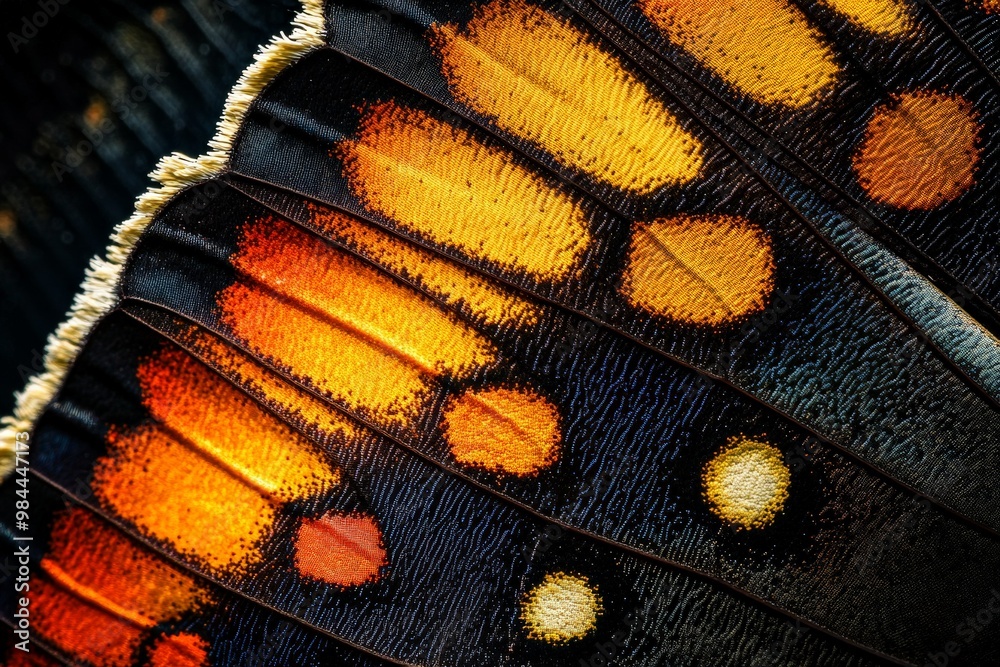 Poster This image captures a detailed close-up of a butterfly wing, showcasing an array of orange, red, yellow, and black hues with intricate patterns and textures.