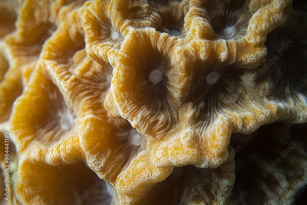 Poster This image displays a golden coral structure with intricate natural patterns, highlighting the fascinating texture and organic beauty of marine life in its underwater habitat.