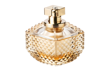 Close-up of luxurious perfume bottle with gold-tone finish