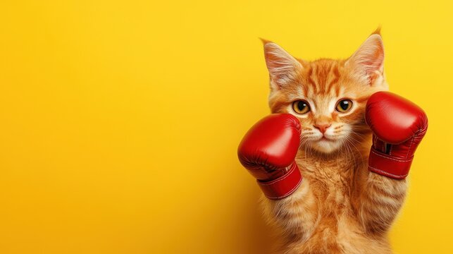 Playful cat wearing red boxing gloves, yellow background.