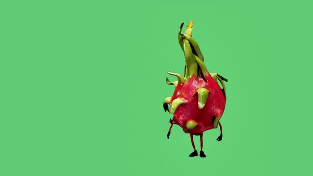 A 3D animated dragon fruit character dancing energetically. The scene showcases fun, creativity, and vibrant movement, blending the playful nature of the fruit with lively digital animation.