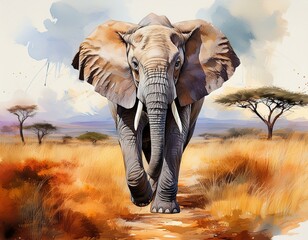 Fototapeta premium Stunning illustration of an elephant walking through the African savannah, surrounded by acacia trees and warm, vivid colors.