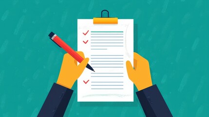 A person holding a checklist and a pen, indicating completion of tasks, with checkmarks on the paper, Business and Market volatility concept.