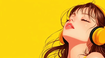 Young woman with headphones enjoying music, yellow background