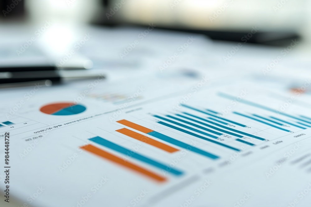 Poster analysis of business data featuring colorful bar graphs and pie charts on a desk in an office settin
