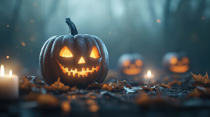 Fototapeta premium A glowing jack o lantern with intricate spooky designs sits among fallen leaves, creating an eerie Halloween atmosphere. soft light enhances mysterious vibe of scene