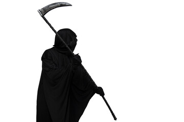 Grim reaper in Halloween costume threatening with scythe towards copyspace white background
