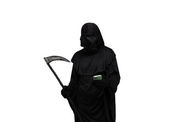 Grim reaper in Halloween costume holding scythe and texting on smartphone white background