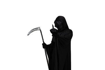 Grim reaper in Halloween costume holding scythe and making rude gesture towards camera