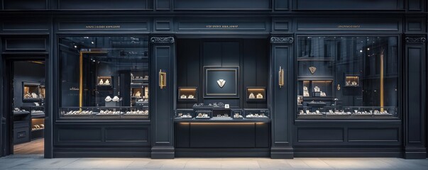 A luxurious dark grey exterior jewelry store, offering custom designs and private viewing appointments, set in a high-end shopping district