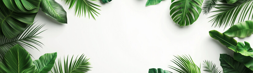 Obraz premium 3D rendering of tropical green leaves arranged around a white background. A minimal, nature-inspired design perfect for eco, botanical, or wellness themes.