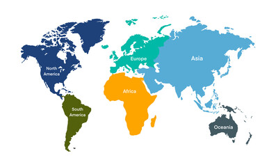 world map illustrating the continents with clear labels for North America, South America, Europe, Africa, Asia, and Oceania, educational and visually engaging map is ideal for geography lessons