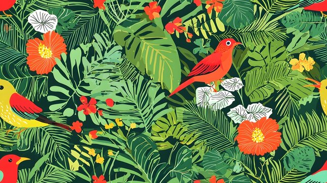 Seamless tropical pattern featuring colorful birds among lush plants and flowers.