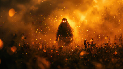 Obraz premium Mysterious hooded figure in an orange misty landscape