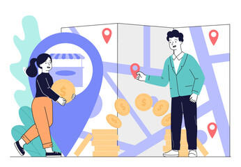 People with business expansion. Man and woman near huge map with gps marks. Development of company and oranization. Globalization and international trading. Linear vector illustration