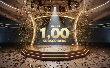 100 subscribe, 100 followers card with vibrant 3D background. social banner happy celebration , blog. likes celebration. Social media poster