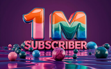 1M subscribe,followers card with vibrant 3D background. social banner happy celebration , blog. likes celebration. Social media poster