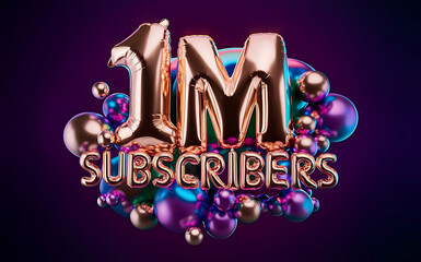 1M subscribe,followers card with vibrant 3D background. social banner happy celebration , blog. likes celebration. Social media poster