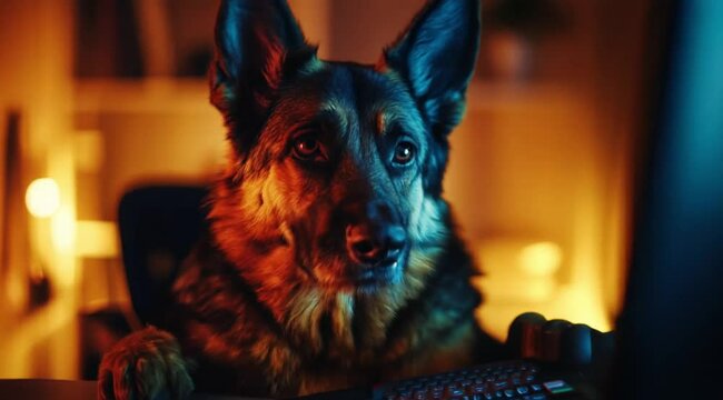 Scene of dog using laptop as hacker, Camera slow motion with different angles