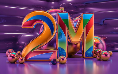 2M subscribe, followers card with vibrant 3D background. social banner happy celebration , blog. likes celebration. Social media poster