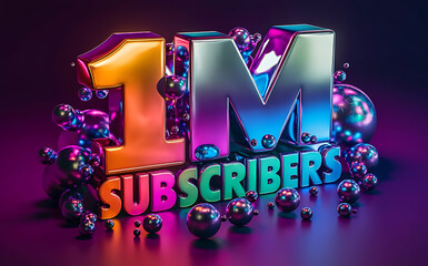 1M subscribe,followers card with vibrant 3D background. social banner happy celebration , blog. likes celebration. Social media poster