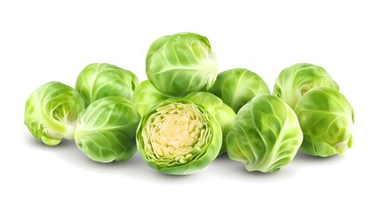 Fototapeta premium arrangement of fresh Brussels sprouts on a white background, highlighting their compact, green shape and smooth texture