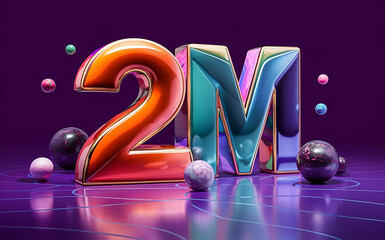 2M subscribe, followers card with vibrant 3D background. social banner happy celebration , blog. likes celebration. Social media poster