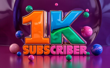 1k subscribe, 1000 followers card with vibrant 3D background. social banner happy celebration , blog. likes celebration. Social media poster