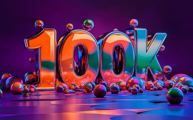 100k subscribe, followers card with vibrant 3D background. social banner happy celebration , blog. likes celebration. Social media poster