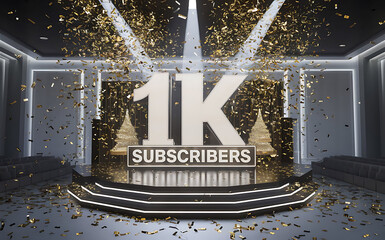 1k subscribe, 1000 followers card with vibrant 3D background. social banner happy celebration , blog. likes celebration. Social media poster