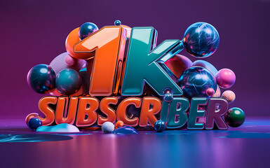 1k subscribe, 1000 followers card with vibrant 3D background. social banner happy celebration , blog. likes celebration. Social media poster