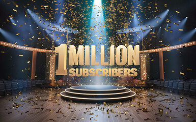 1M subscribe,followers card with vibrant 3D background. social banner happy celebration , blog. likes celebration. Social media poster
