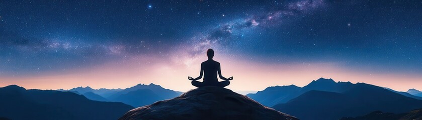 Fototapeta premium Silhouette of a person meditating under a starry sky, with mountains in the background.