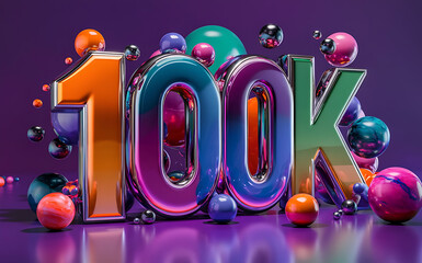 100k subscribe, followers card with vibrant 3D background. social banner happy celebration , blog. likes celebration. Social media poster