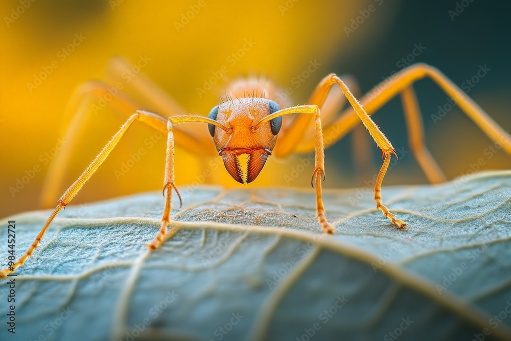 Poster A macro photograph capturing the intricate details of a yellow ant standing on a textured leaf, with the ant's features and leaf veins vividly highlighted.