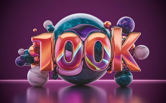 100k subscribe, followers card with vibrant 3D background. social banner happy celebration , blog. likes celebration. Social media poster