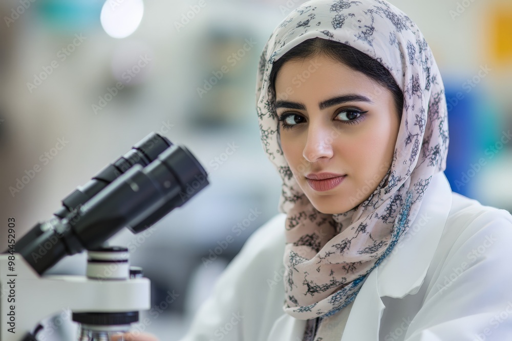 Poster a female scientist, showcasing the essence of dedication and precision, works with a microscope in a