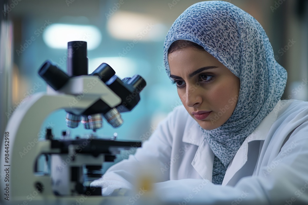 Poster a female scientist intensely researches through a microscope in a lab, highlighting the meticulousne