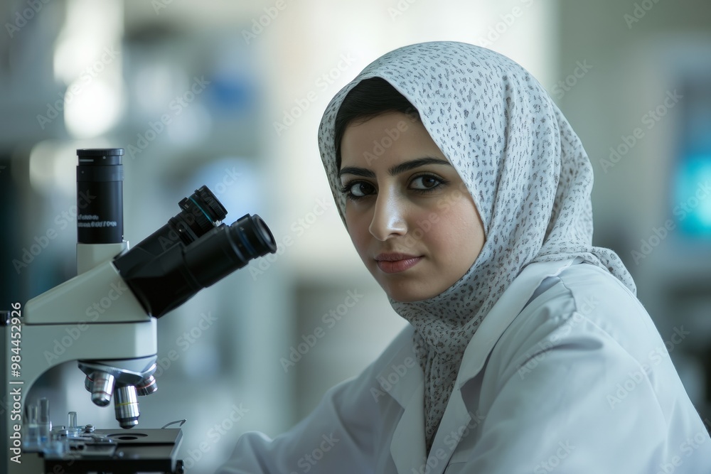 Poster a female scientist, deeply engaged in her work, adjusts the settings of a microscope in a modern lab