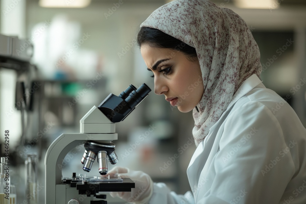 Poster A scientist in a lab coat and headscarf examines samples using a microscope in a laboratory setting, focusing intently on the research work in a sterile environment.