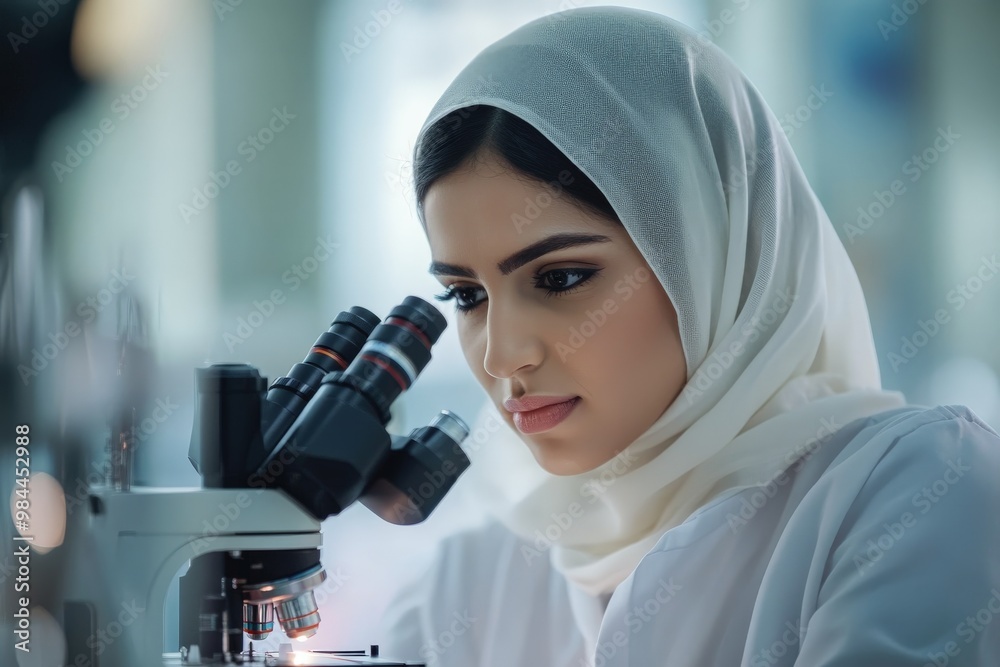 Poster with utmost concentration, a female scientist in a lab examines a sample through a microscope, illus