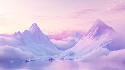 A tranquil mountain landscape with soft pink and purple hues, fluffy clouds in the sky, and shimmering waters below, creating a peaceful atmosphere ideal for relaxation and reflection
