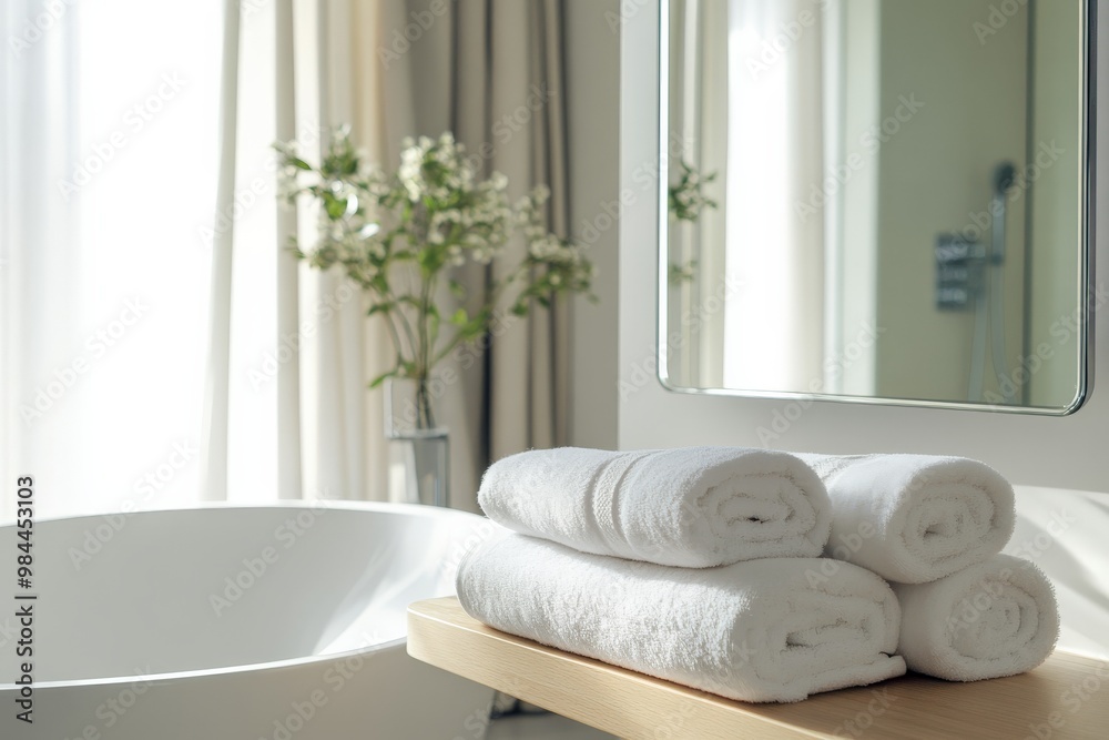 Poster an airy and simple bathroom featuring a neatly folded towel stack on a wooden shelf, complemented by