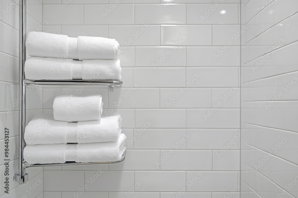 Aufkleber a clean and minimal bathroom scene showing freshly folded white towels stacked neatly on a metal she