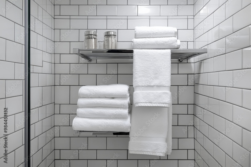 Poster a well-organized bathroom display with white towels neatly stacked and rolled on a stainless steel s