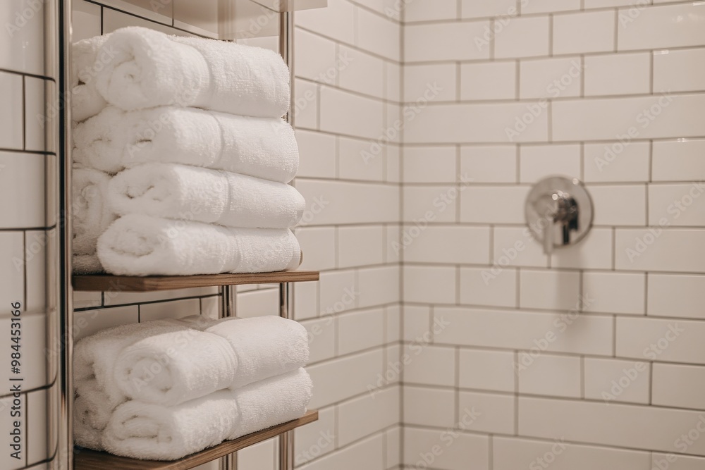 Poster A set of white towels rolled and placed on a wooden shelf in a bathroom with white subway tiles, combining functionality with a touch of natural warmth.