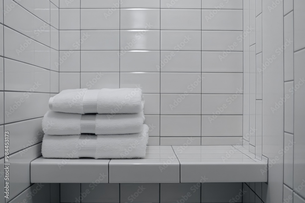 Poster This image displays a stack of white towels placed on a tiled bathroom ledge, representing a clean, organized, and minimalist approach to bathroom decor.